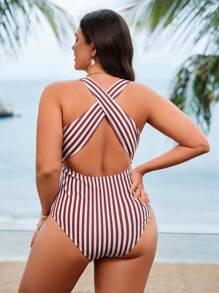 Swim SPRTY Plus Size Women Striped Digital Print One-Piece Swimsuit, Sleeveless Slim Fit Chic Beachwear & Poolwear For Summer Beach Vacation