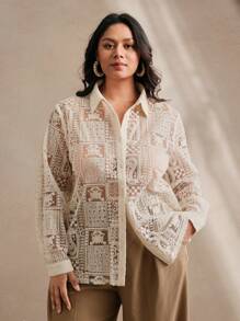 Anewsta New Fashion Women Elegant White Hollow Cashmere Embroidered Jacquard Blouse, Suitable For Spring, Festivals, Holidays, Business Casual, Elegant - Apricot - View 5