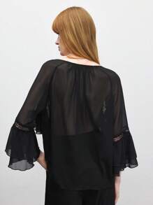 BizChic 2025夏季新款音乐节派对聚会夏季上衣，适合婚宴宾客早午餐，都市通勤，浪漫休闲，百搭春夏女装优雅上衣，黑色荷叶边蕾丝镂空宽松休闲上衣 - 黑色 - 查看 5