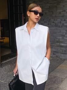 DAZY Women's Solid Color Loose Oversized Sleeveless Casual Vacation Shirt Blouse, Summer - White - View 8