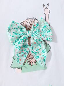 青春期前女孩可爱蝴蝶装饰图案 T 恤和碎花裙 2 件套装，可爱休闲风格适合度假、春季郊游、日常穿着 - 薄荷綠 - 查看 3