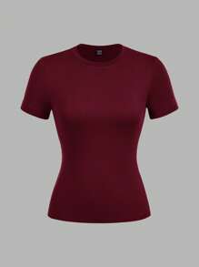 SHEIN EZwear 3件装女士圆领休闲修身长袖T恤套装，黑色/白色/酒红色，适合夏季 - 彩色 - 查看 5