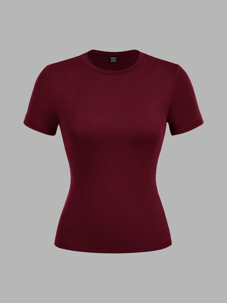 SHEIN EZwear 3 Pack Damen Rundhals Lässig Slim Fit Langarm T-Shirt Set, Schwarz/Weiß/Weinrot, geeignet für den Sommer - Verschiedenfarbig - Übersicht 5