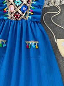 SHEIN Tween Girl' Casual Elegant Resort Digital Print Patchwork Dress - Royal Blue - View 4