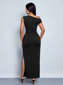 SOLERSUN Vestido largo de mujer de unicolor, ajustado, asimétrico, con hombros oblicuos, elegante para uso diario, citas y fiestas, para primavera y verano - Negro - Ver 2