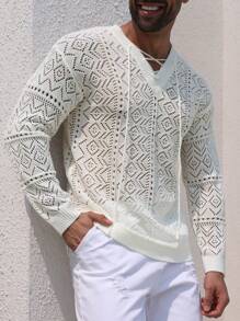 DAZY Men's Summer Solid White Openwork Texture Jacquard Knit Top - White - View 5