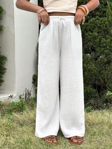 SHEIN Tween Girl Ruched Texture Chiffon Drawstring Waist Pocketed Loose Wide Leg White Pants