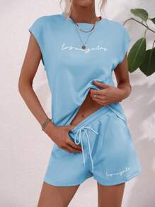 SHEIN LUNE 2 chiếc/Bộ áo thun cổ tròn tay lỡ in chữ và quần short trang phục thường ngày cho nữ - Màu xanh lam - Xem 4