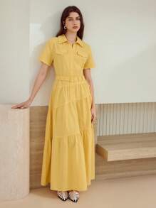 MOTF STUDIO CANVAS WAIST BELT DESGN CASUAL LONG DRESS FOR WOMEN DRESSES FOR WEDDING EVENT - Yellow - View 3