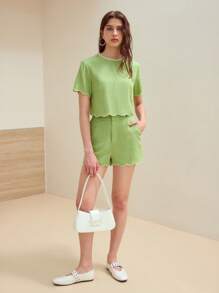 MOTF STUDIO LINEN SLANT POCKET CONTRAST TRIM SHORTS - Green - View 6