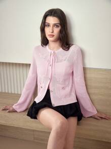 MOTF STUDIO POINTELLE KNIT BUTTON UP CARDIGAN - Pink - View 6