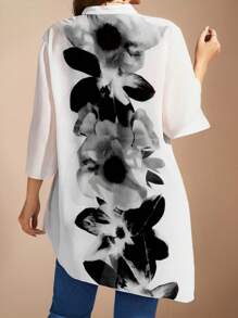 Flouryn Plus Size Notched Neck Printed Asymmetrical Hem Spring Summer Casual Shirt