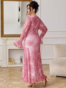 Modelyn 女式花卉印花方领喇叭袖蕾丝花边拼布浪漫夏装 - 粉色 - 查看 2