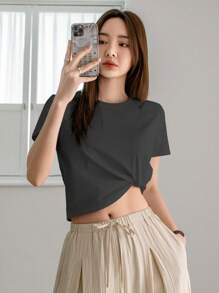 Dazy-Less 女士纯色圆领短袖休闲T恤老款夏季短款上衣女士商务休闲女式工作服 - 深灰色 - 查看 2