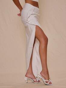 MUSERA Ruched Detail Asymmetrical Hem Maxi Fitted Woven Skirt Summer Soft Serve Chic Elegant - Beige - View 3