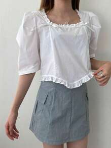 DAZY Square Collar Loose Half Sleeve Bow Decor Women Blouse Summer Cute Tops - White - View 3