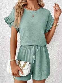 SHEIN Essnce Bộ 2 món Áo ngắn tay cho nữ & Quần short lưng thun - Màu xanh nhạt - Xem 4