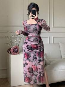 DAZY 女士修身方领植物印花沙滩连衣裙，扎染，高开衩长袖，度假装，秋季碎花长裙 - 中紫紅色 - 查看 5