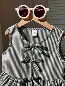 SHEIN 年轻女孩可爱粉色条纹蝴蝶结无袖衬衫，百搭夏季 - 黑色 - 查看 5