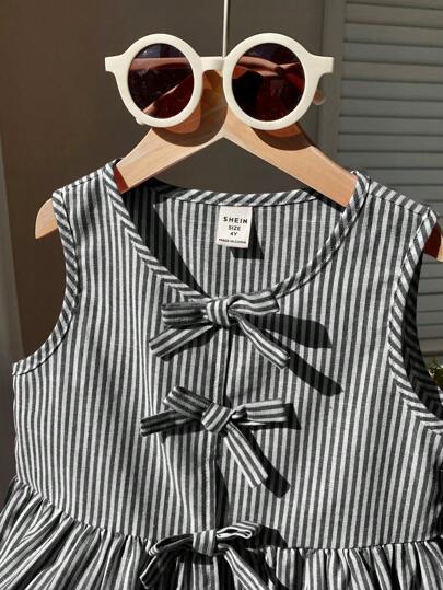 SHEIN 年轻女孩可爱粉色条纹蝴蝶结无袖衬衫，百搭夏季