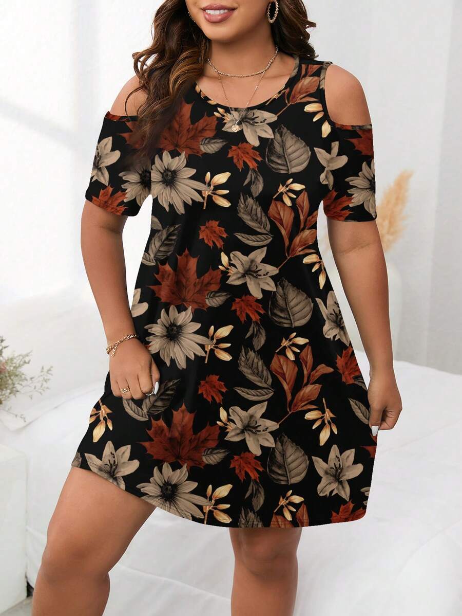 EMERY ROSE Váy suông hở vai họa tiết lá tối giản giản dị, dáng rộng tay ngắn cỡ lớn - Nhiều màu - Xem 1