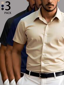 Manfinity Mode A Combination Of Three Shirts, Men's Short-Sleeved Lapel Solid Color Casual Summer Tops, Suitable As Gifts For Friends And Boyfriends.