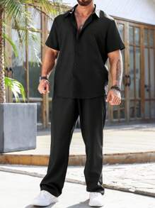 Manfinity Homme Plus Size Men's Fashion Short Sleeve Top And Long Pants 2 Pieces Set, Suitable For Summer, Cozy Outfits - Black - View 3