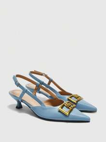 CUCCOO BIZCHIC Giày cao gót mũi nhọn thời trang cho nữ, thiết kế hở lưng, thích hợp để đi làm - Màu xanh lam - Xem 2