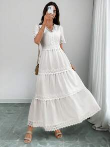 EMERY ROSE Women Solid Color Contrast Lace V-Neck Short Sleeve Dress