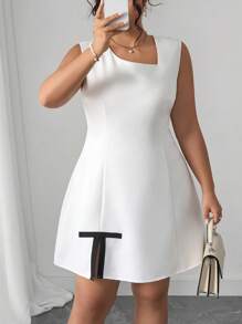 Elenzga Große Größen einfarbiges ärmelloses Freizeitkleid, minimalistisch, modisch und für den Sommer geeignet - Weiss - Übersicht 3