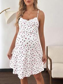 SHEIN Vestido de maternidad con estampado floral pequeño y encaje de contraste para lactancia