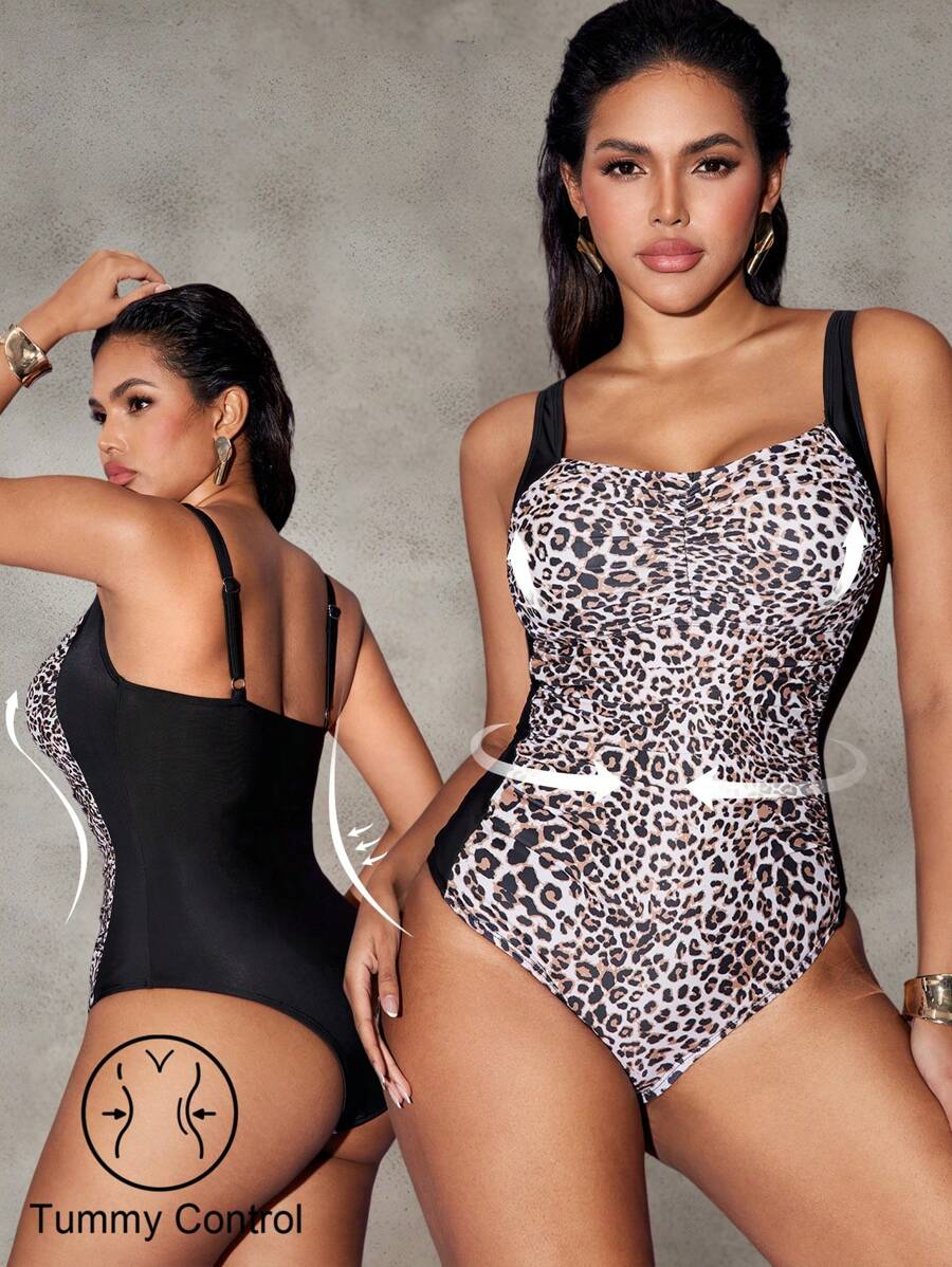 SHEIN Swim ملابس سباحة قطعة واحدة للنساء مزخرفة برقع بنمط فهد، مثالية للشاطئ أو العطلات - متعدد الألوان - مشاهدة 1