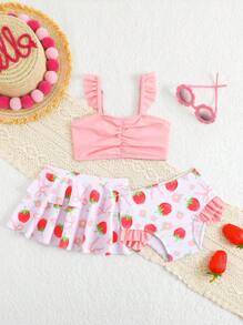 Baby Girl Tropical Leaf Print Tankini Swimsuit 3 Pieces Set With Rash Guard And Skirt - Coral Pink - View 1