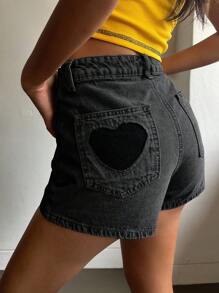 DAZY Quần short denim nữ phối màu tương phản điểm nhấn hình trái tim. - Màu xám đen - Xem 5