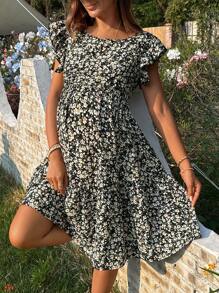 SHEIN Maternity Loose Ditsy Floral Ruffle Hem Dress, Summer - Black - View 5