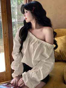 DAZY Blusa blanca holgada con hombros oblicuos y cordón ajustable, adecuada para primavera, verano y otoño - Blanco - Ver 2