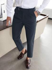 Calvornis Pantalones de traje entallados de color liso casuales para hombre - Azul Marino - Ver 4