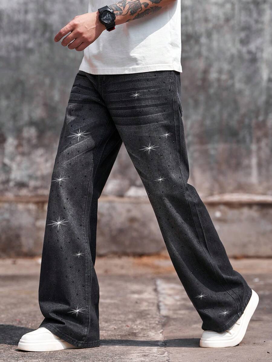 Manfinity Homme Men's Casual Washed Rhinestone Embellished Denim Jeans - Grey - View 1