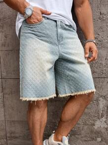 Manfinity Homme 男士休闲牛仔百慕大短裤，轻盈水洗纹理面料，磨边下摆，拉链开合