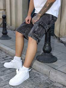 Manfinity Homme 男士深灰色酸洗牛仔百慕大短裤：前卫街头休闲风格，拉链细节