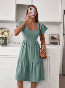 RueChic 方领荷叶边下摆短袖纯色连衣裙，适合夏季 - 薄荷綠 - 查看 6