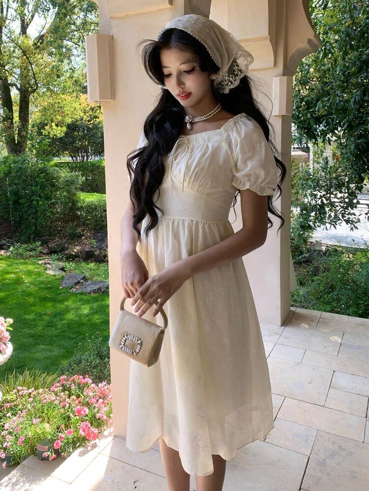 Gentle Style Fairy Aesthetic Square Neck Tea-Length Dress Waisted Romantic Sweet Elegant Milk Tea Aesthetic Dress