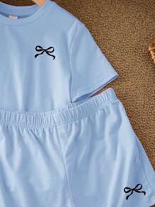 SHEIN Leap Crew 2PCS/Set Tween Girls Casual Simple Short Sleeve Shorts Set, Suitable For Summer - Blue - View 4