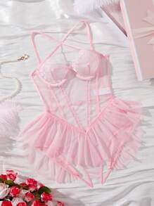 SpicyHot Mono sexy con transparencias de encaje, parches y espalda descubierta, color rosa