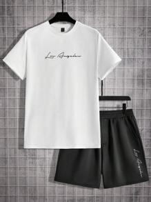 Manfinity Homme Casual Men's Handwritten English Print White T-Shirt Set