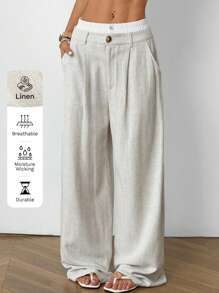 SHEIN EZwear Apricot Linen Woven Women's Wide-Leg Pants, Double Waist Knot, Simple And Fashionable, Suitable For Summer Seaside Vacation