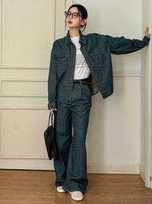 DAZY 女士休闲前扣长袖口袋衬衫长裤套装（2件套），秋冬家居服套装 - 藍色 - 查看 3