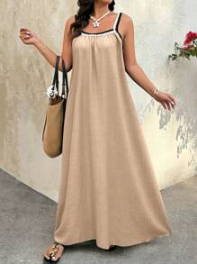 Breezaya Plus Size Vacation Style Spaghetti Strap Dress, Fashionable For Summer - Khaki - View 2