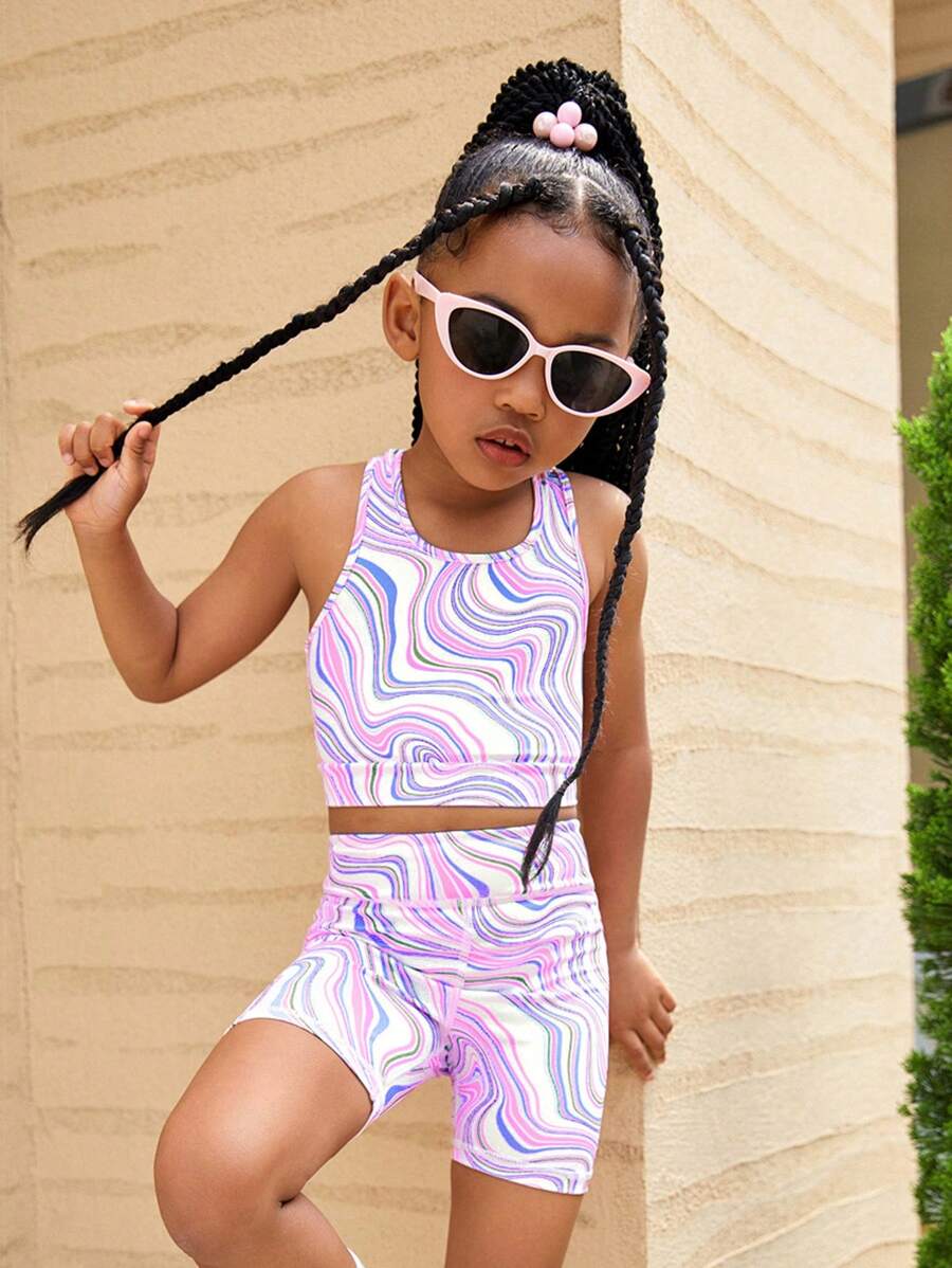 SHEIN 2pcs/Set Young Girl Cute & Wave Pattern Print Vest And Bike Shorts Sports Yoga Set