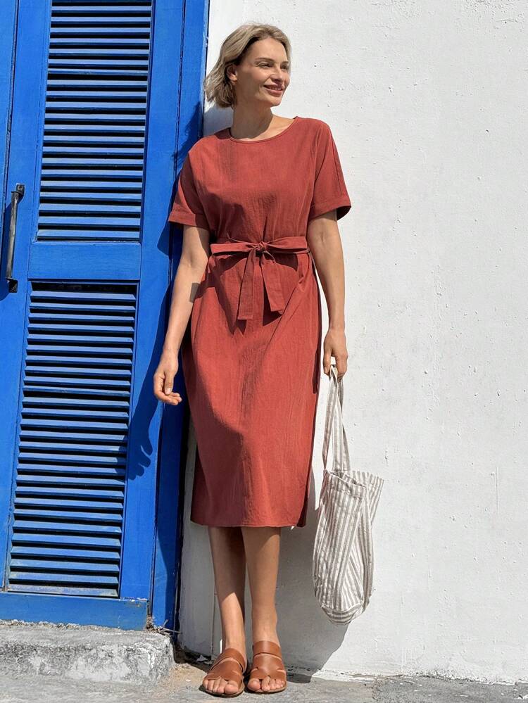 Women's Solid Color Round Neck Batwing Sleeve Casual Dress